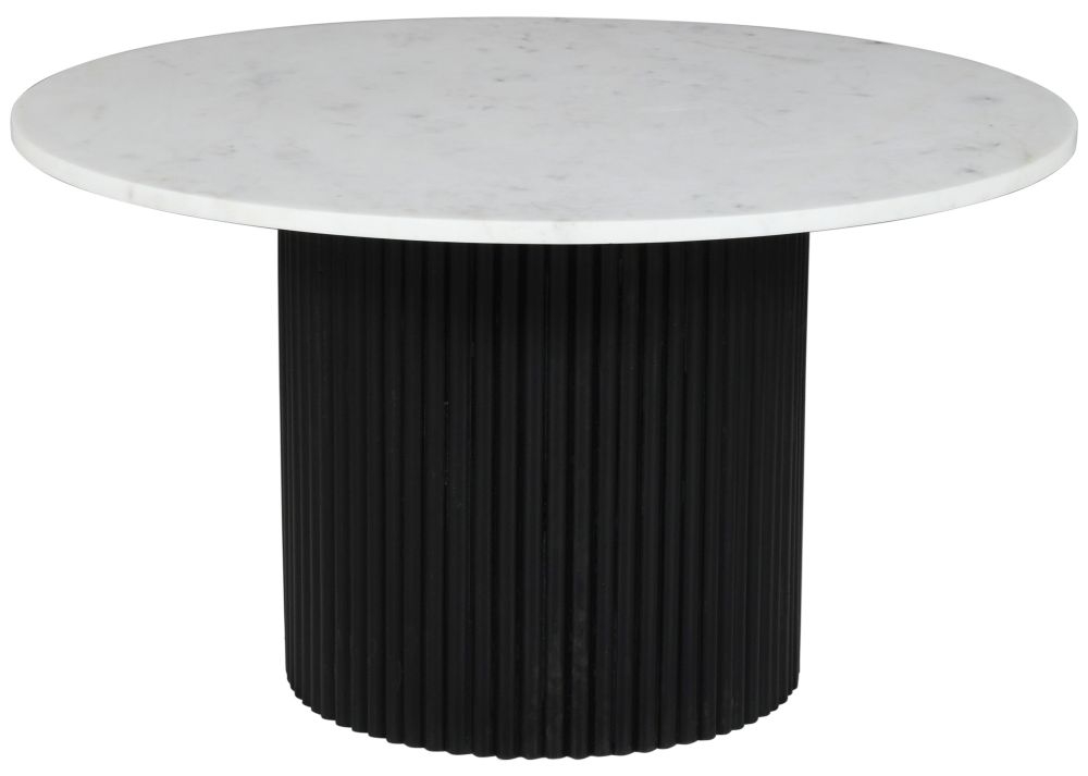 Carra Marble Coffee Table White Round Top With Black Fluted Ribbed Drum Base