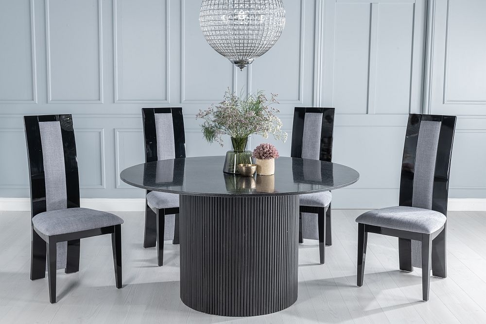 Carra Marble Dining Table Black Round Top And Fluted Ribbed Drum Base With Alpine Black High Gloss And Grey Chairs