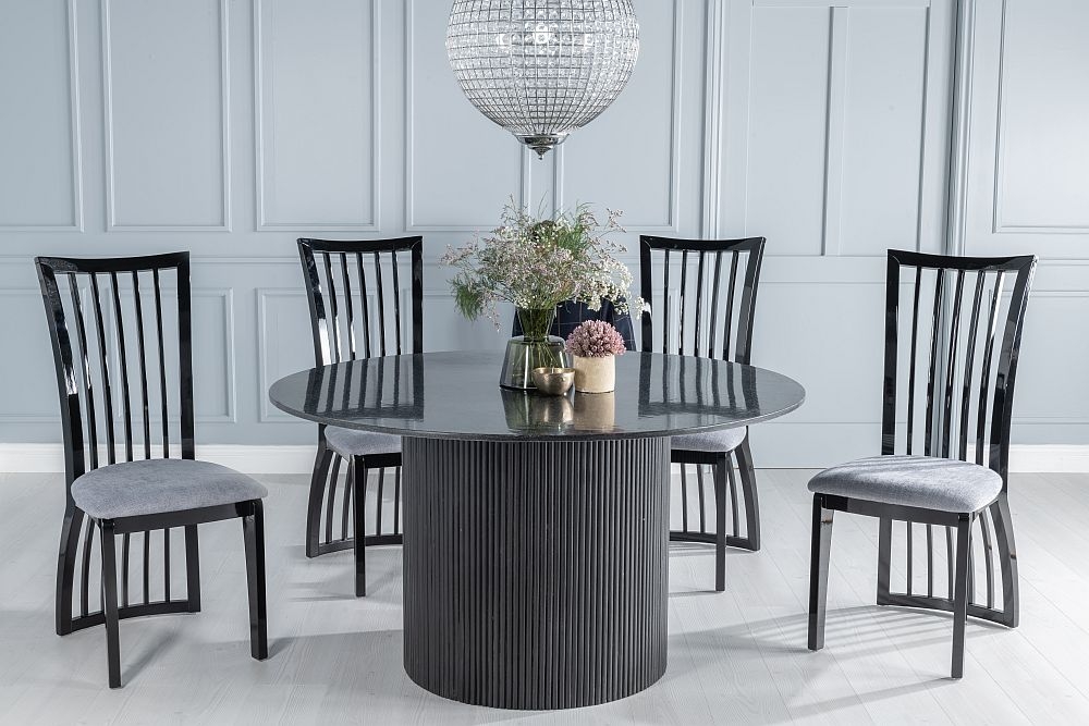 Carra Marble Dining Table Black Round Top And Fluted Ribbed Drum Base With Athena Black High Gloss And Grey Chairs