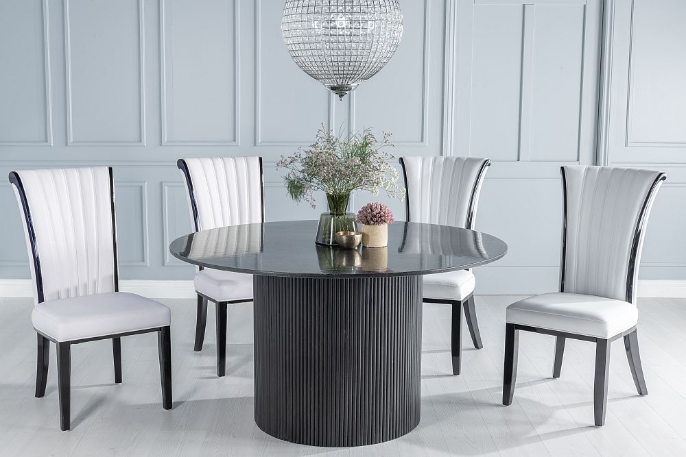 Carra Marble Dining Table Black Round Top And Fluted Ribbed Drum Base With Cadiz White Faux Leather Chairs