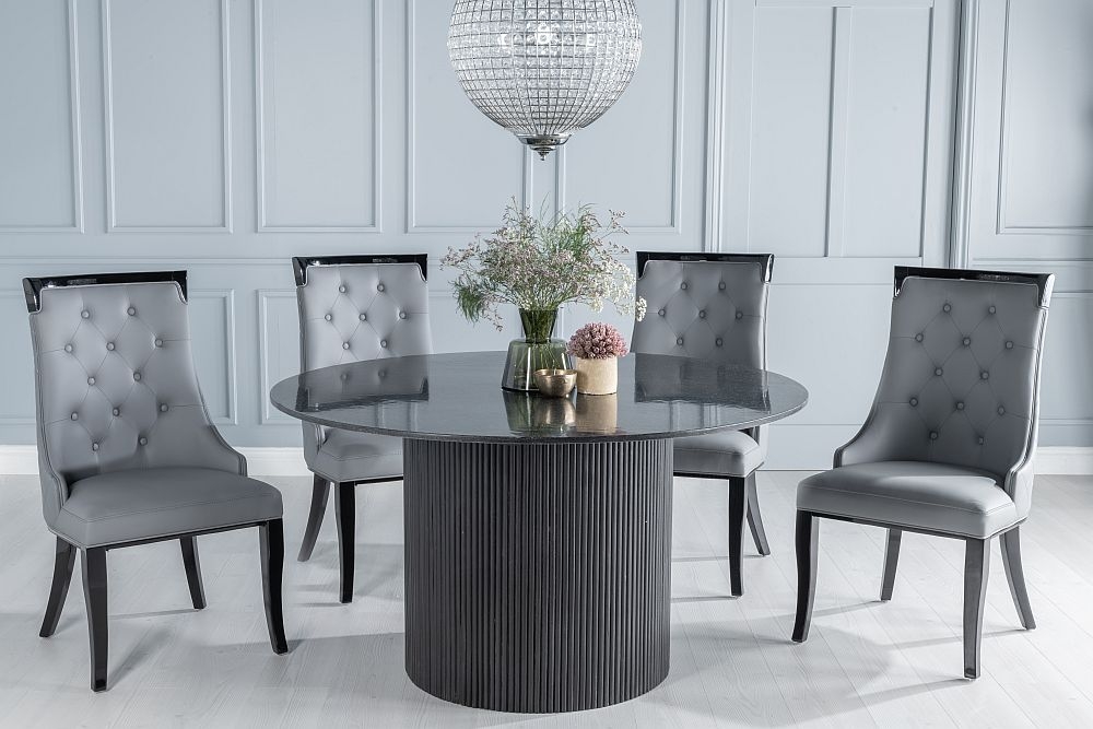 Carra Marble Dining Table Black Round Top And Fluted Ribbed Drum Base With Carmela Grey Faux Leather Chairs