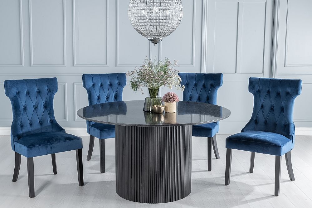 Carra Marble Dining Table Black Round Top And Fluted Ribbed Drum Base With Courtney Blue Fabric Chairs