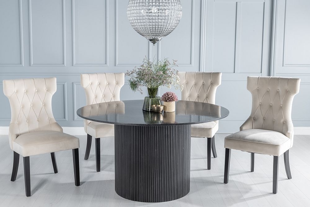 Carra Marble Dining Table Black Round Top And Fluted Ribbed Drum Base With Courtney Champagne Fabric Chairs