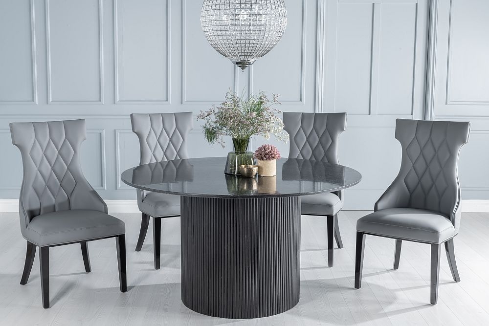 Carra Marble Dining Table Black Round Top And Fluted Ribbed Drum Base With Mimi Grey Faux Leather Chairs