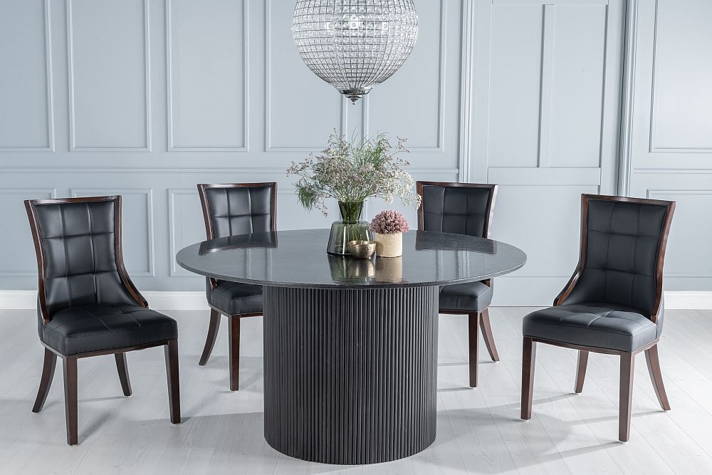 Carra Marble Dining Table Black Round Top And Fluted Ribbed Drum Base With Paris Black Faux Leather Chairs