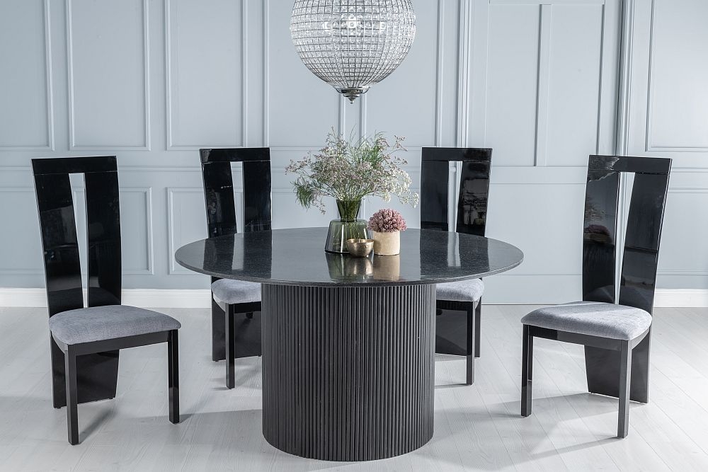Carra Marble Dining Table Black Round Top And Fluted Ribbed Drum Base With Vienna Black High Gloss And Grey Chairs