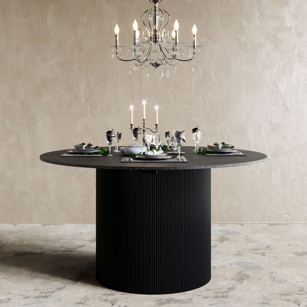 Carra Marble Dining Table Black 140cm Seats 4 To 6 Diners Round Top With Fluted Ribbed Drum Base