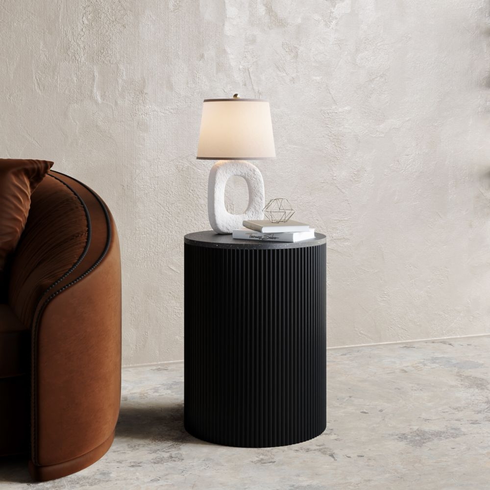 Carra Marble Side Table Black Round Top With Fluted Ribbed Drum Base