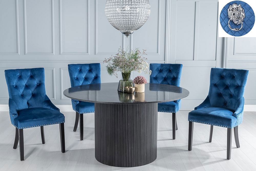 Carra Marble Dining Table Black Round Top And Fluted Ribbed Drum Base With Blue Fabric Lion Knocker Back Chairs With Black Legs