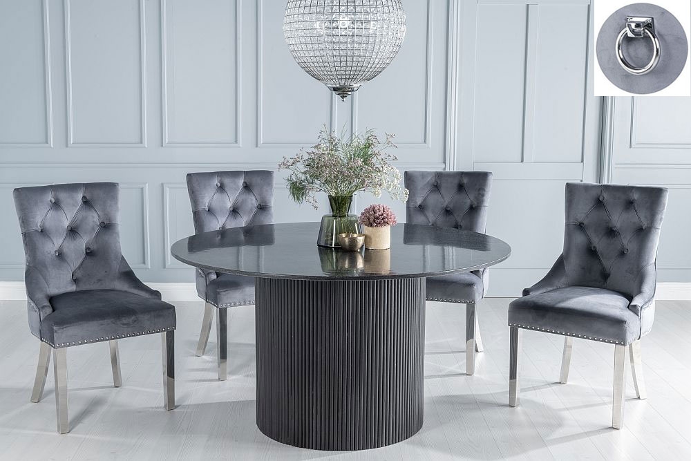 Carra Marble Dining Table Black Round Top And Fluted Ribbed Drum Base With Grey Fabric Knocker Back Chairs With Chrome Legs