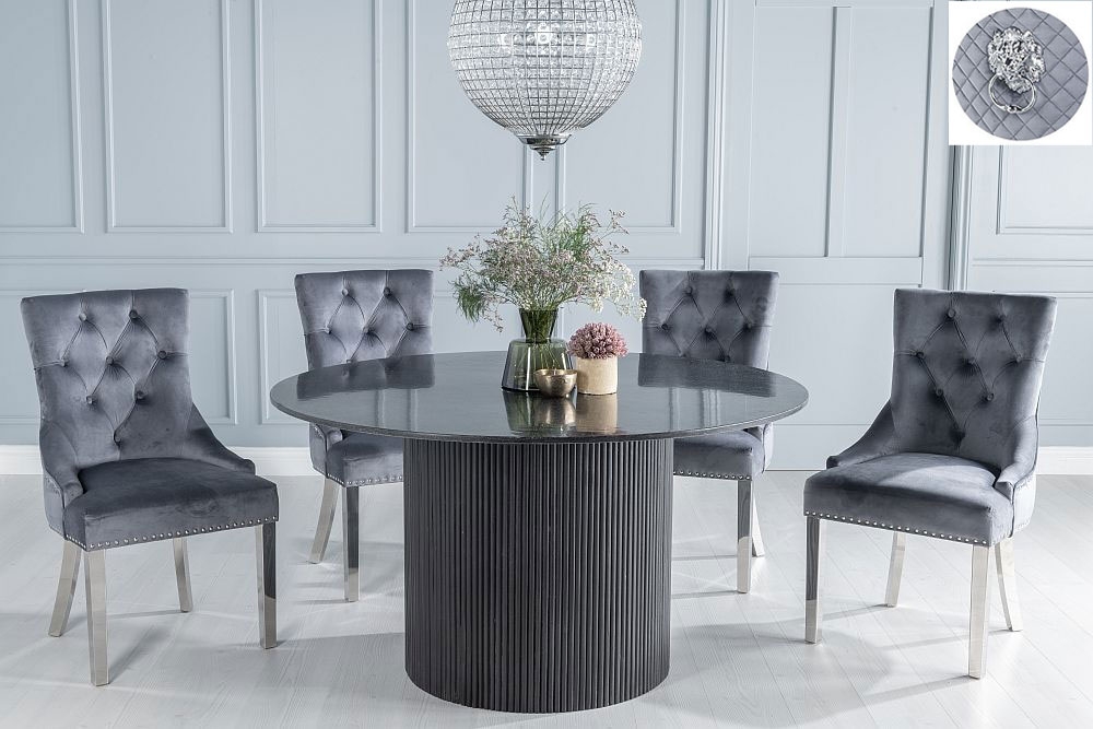 Carra Marble Dining Table Black Round Top And Fluted Ribbed Drum Base With Grey Fabric Lion Knocker Back Chairs With Chrome Legs