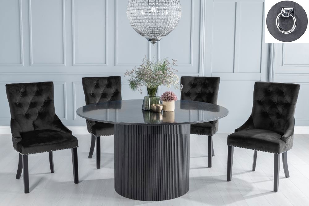Carra Marble Dining Table Set Round Top And Fluted Ribbed Drum Base And Black Fabric Knocker Back Chairs With Black Legs