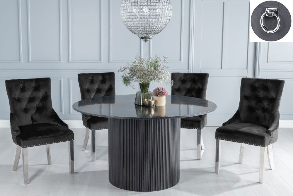 Carra Marble Dining Table Set Round Top And Fluted Ribbed Drum Base And Black Fabric Knocker Back Chairs With Chrome Legs