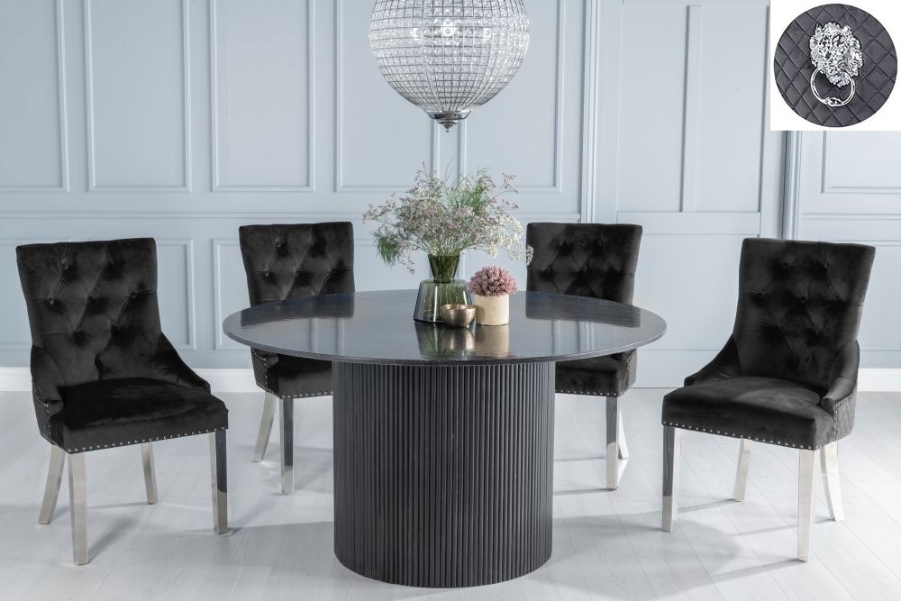 Carra Marble Dining Table Set Round Top And Fluted Ribbed Drum Base And Black Fabric Lion Head Ring Back Chairs With Chrome Legs
