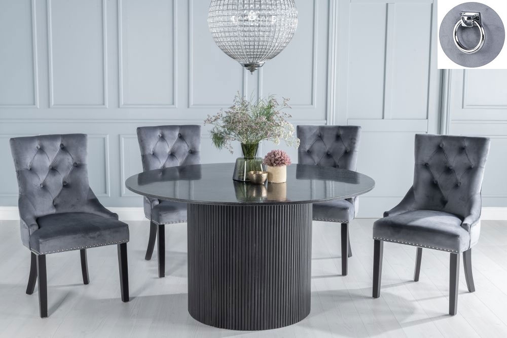 Carra Marble Dining Table Set Round Top And Fluted Ribbed Drum Base And Grey Fabric Knocker Back Chairs With Black Legs