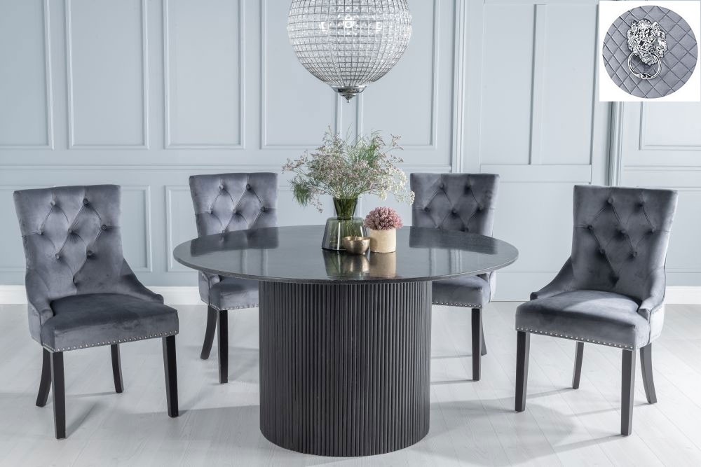 Carra Marble Dining Table Set Round Top And Fluted Ribbed Drum Base And Grey Fabric Lion Head Ring Back Chairs With Black Legs