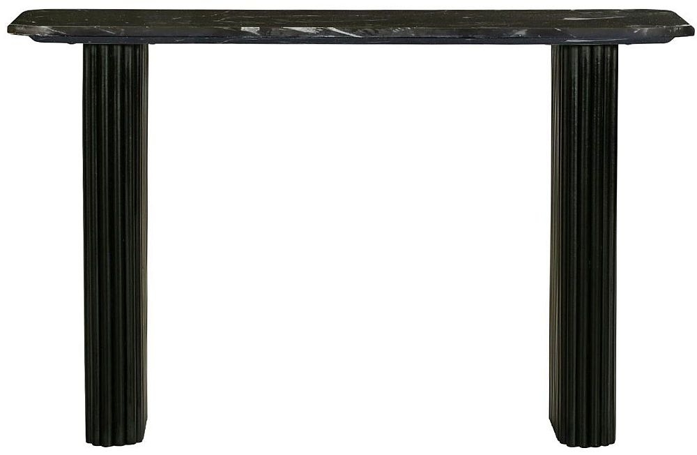 Carra Marble Console Table Black Top With Fluted Ribbed Double Pedestal Base