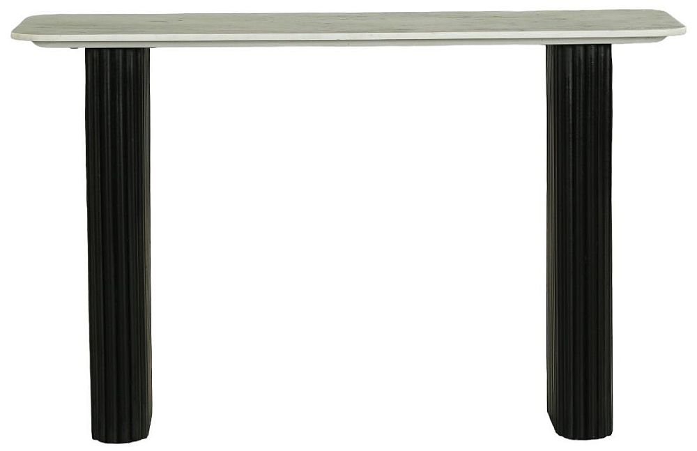 Carra Marble Console Table White Top With Black Fluted Ribbed Double Pedestal Base