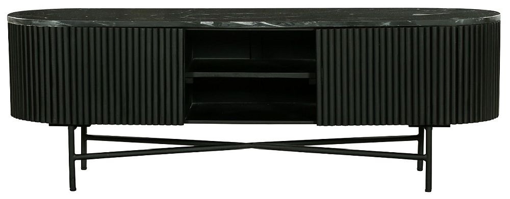 Carra Marble Tv Unit Black Top With Fluted Ribbed Drum Base