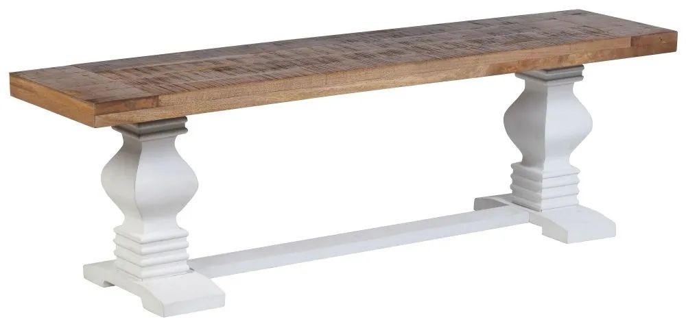 Farmhouse Mango Wood Dining Bench Natural Top And White Pedestal Base