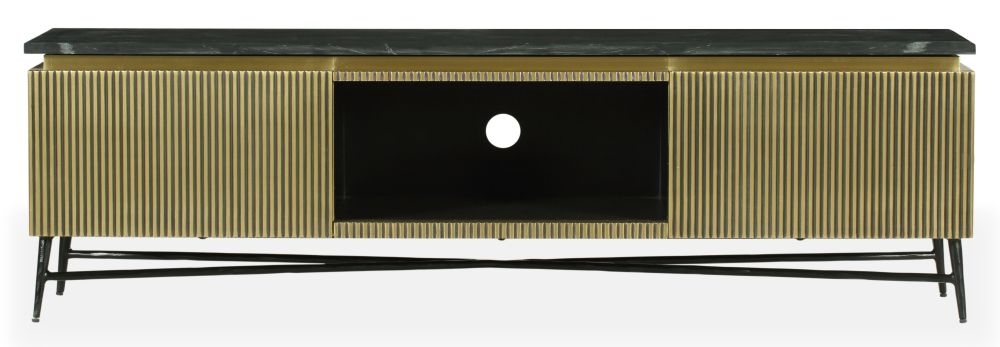 Glam Flute Gold 2 Door Tv Unit With Black Marble Top