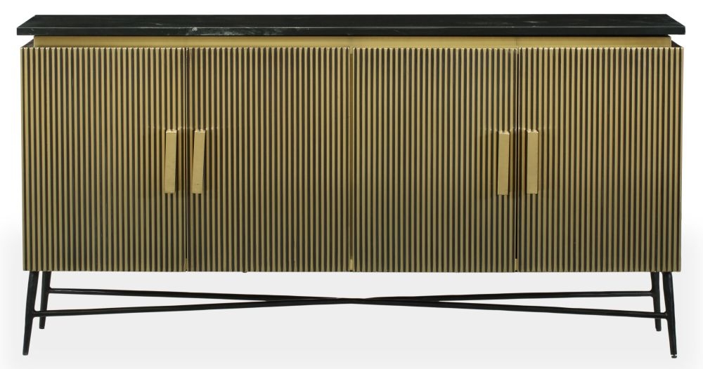 Glam Flute Gold 4 Door Large Sideboard With Black Marble Top