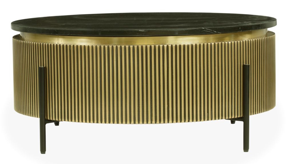 Glam Flute Gold Round Coffee Table With Black Marble Top