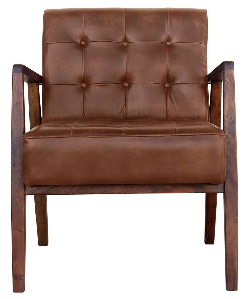 Hendricks Brown Armchair Genuine Real Buffalo Leather With Wooden Frame
