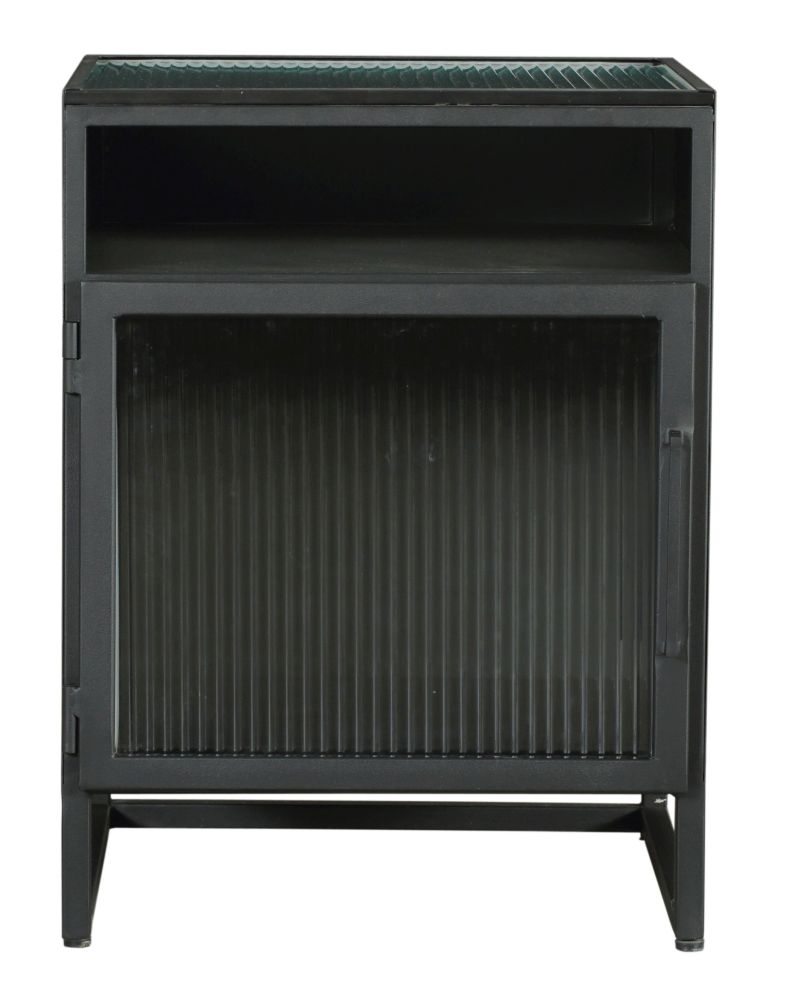 Reed Black Metal Industrial Bedside Cabinet With 1 Fluted Glass Door