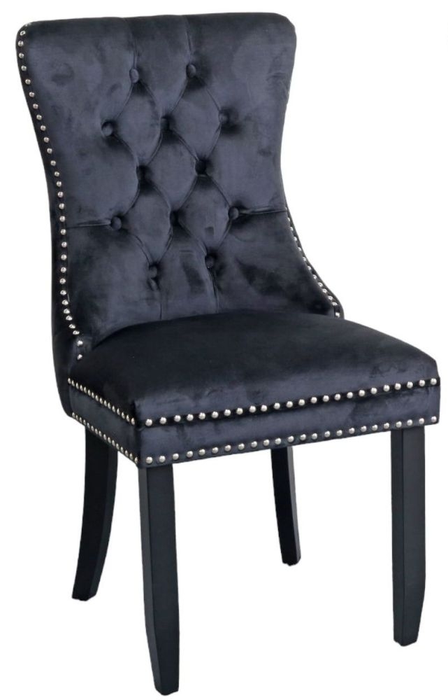 Rivington Knocker Back Black Dining Chair Tufted Velvet Fabric Upholstered With Black Wooden Legs
