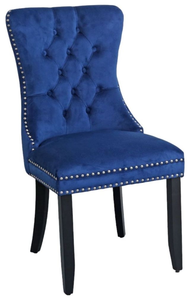 Rivington Knocker Back Blue Dining Chair Tufted Velvet Fabric Upholstered With Black Wooden Legs