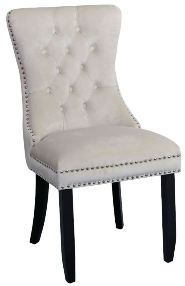 Rivington Knocker Back Champagne Dining Chair Tufted Velvet Fabric Upholstered With Black Wooden Legs