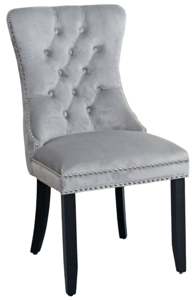 Rivington Knocker Back Light Grey Dining Chair Tufted Velvet Fabric Upholstered With Black Wooden Legs