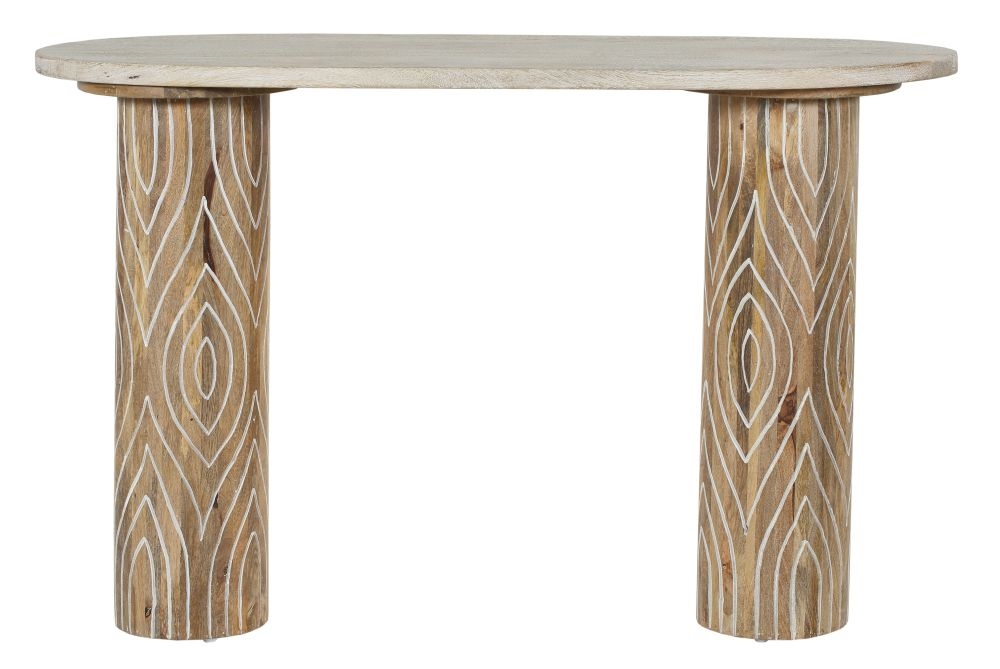 Sahara Carved Pedestal Console Table In White Washed Finished Mango Wood