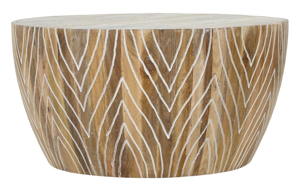 Sahara Carved Drum Coffee Table In White Washed Finished Mango Wood