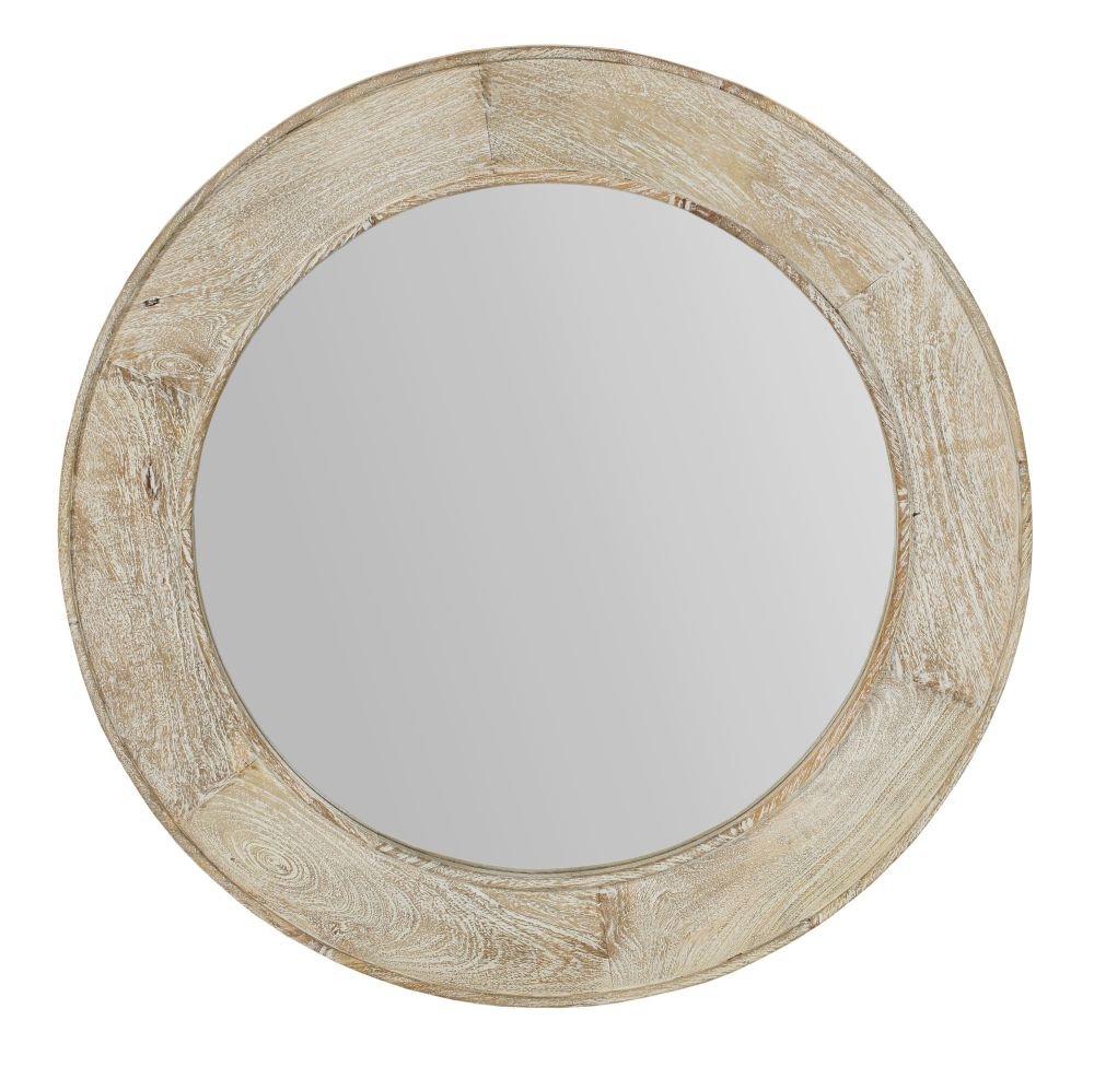 Sahara Carved Round Mirror In White Washed Finished Mango Wood