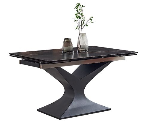 Arctic Black Sintered Stone Top With Gold Pattern Extending Dining Table With Black Pedestal Base