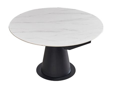 Carrara White Sintered Stone Top 135cm Dia Drop Leaf Round Dining Table With Black Pedestal Base