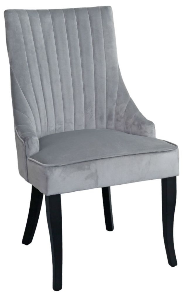Sofie Light Grey Dining Chair Tufted Velvet Fabric Upholstered With Black Wooden Legs