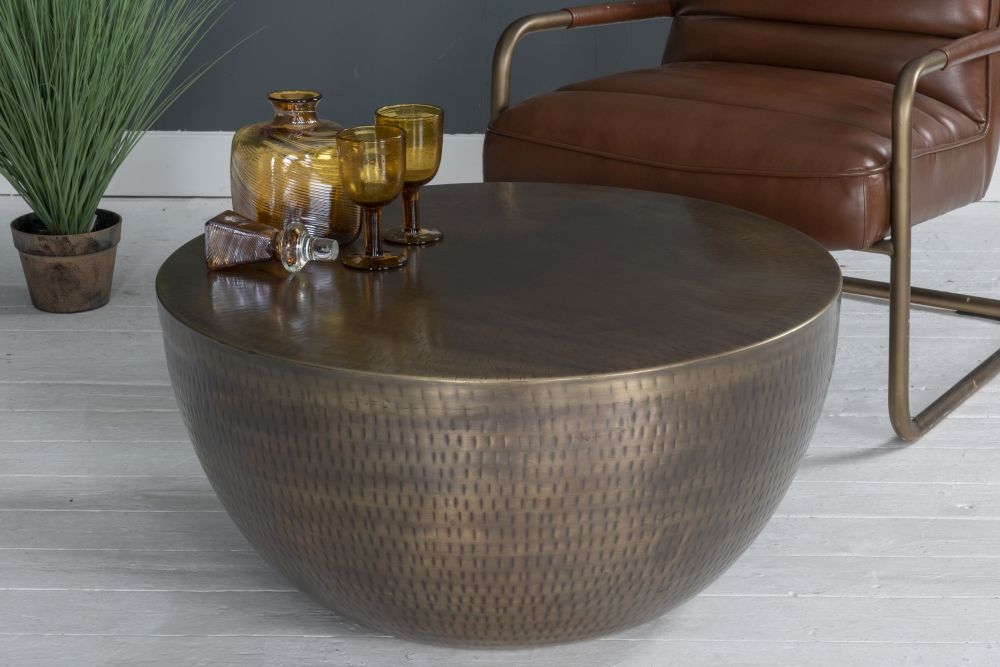 Agra Hammered Antique Brass Coffee Table Drum Shape With Metal Round Base