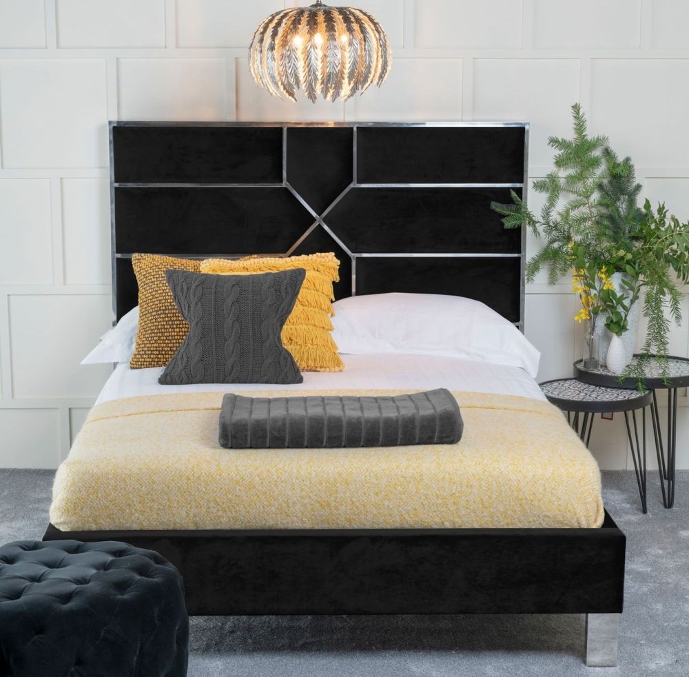 Addison Black Velvet Fabric Upholstered 5ft King Size Bed