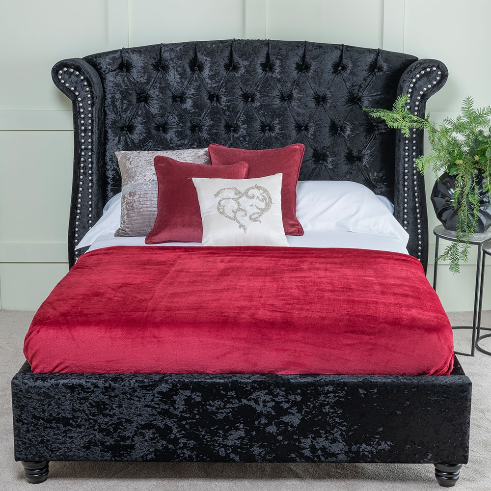 Buckingham Black Velvet Fabric Upholstered 4ft 6in Double Bed