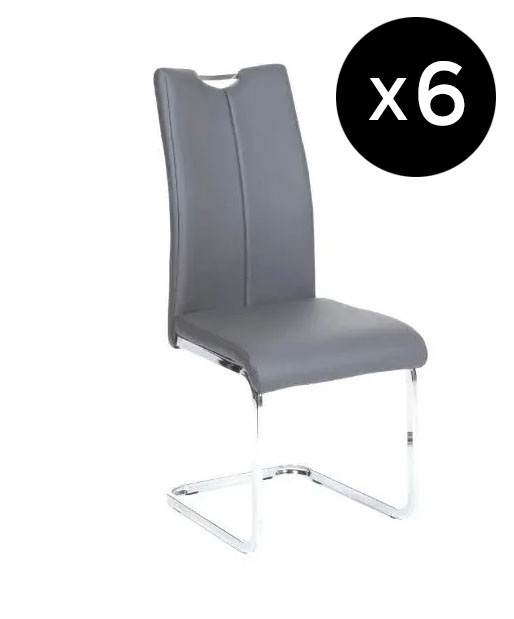 Set Of 6 Nikko Dark Grey Leather Handle Back Dining Chair With Stainless Steel Cantiliver Base