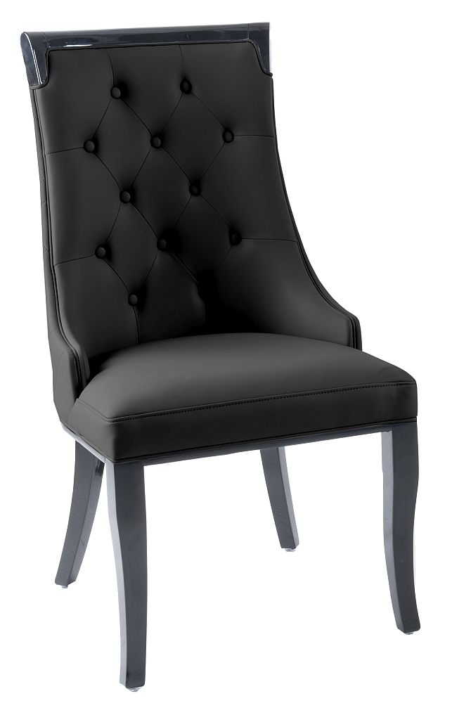 Carmela Black Dining Chair Leather Faux Pu Tufted Scoop Back With Black Wooden Legs
