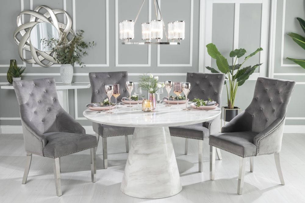 Carrera Marble Dining Table Set For 4 To 6 Diners 130cm Round White Top With Cone Pedestal Base Grey Knockerback Chairs