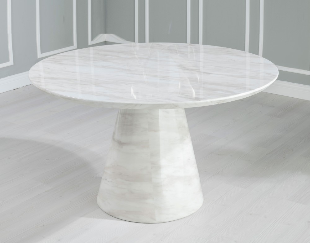 Carrera Marble Dining Table White 130cm Seats 4 To 6 Diners Round Top With Cone Pedestal Base