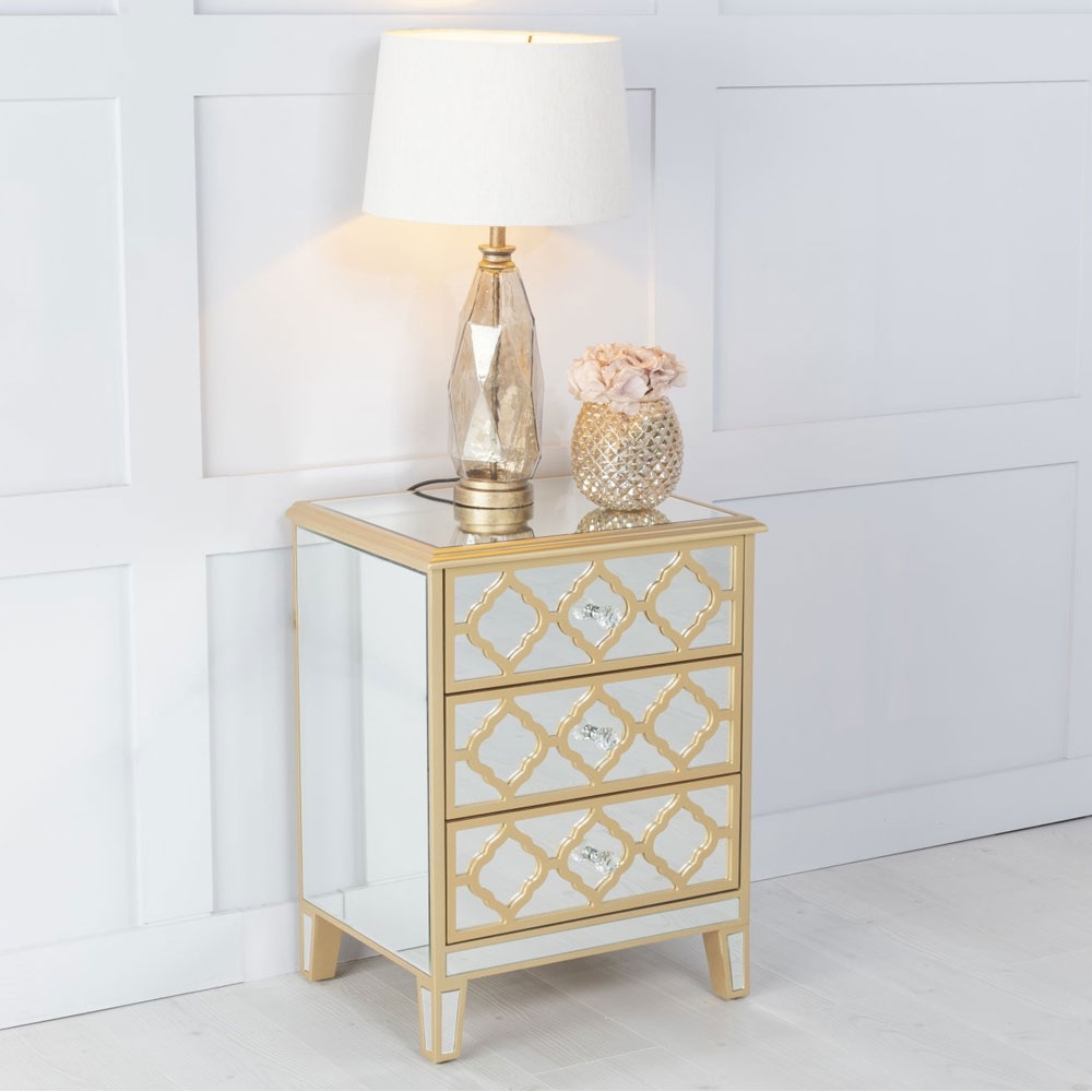 Casablanca Mirrored 3 Drawer Bedside Cabinet With Gold Trim