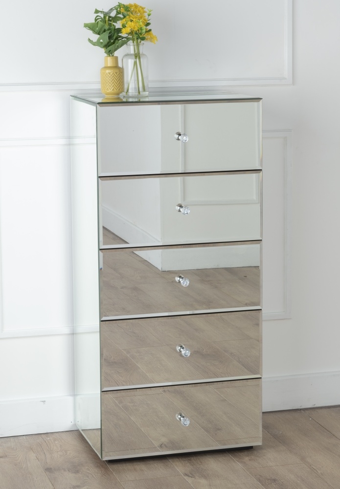 Chelsea Mirrored 5 Drawer Narrow Chest Tallboy