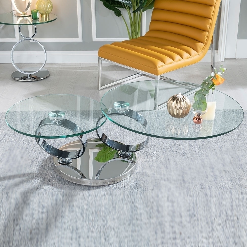 Circles Swivel Glass Coffee Table 2 Tier Round Rotating Glass Top With Stainless Steel Chrome Frame