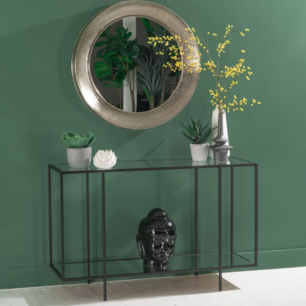 Clearance Hyde Black Metal Console Table Clear Glass Top With Mirrored Bottom Shelf